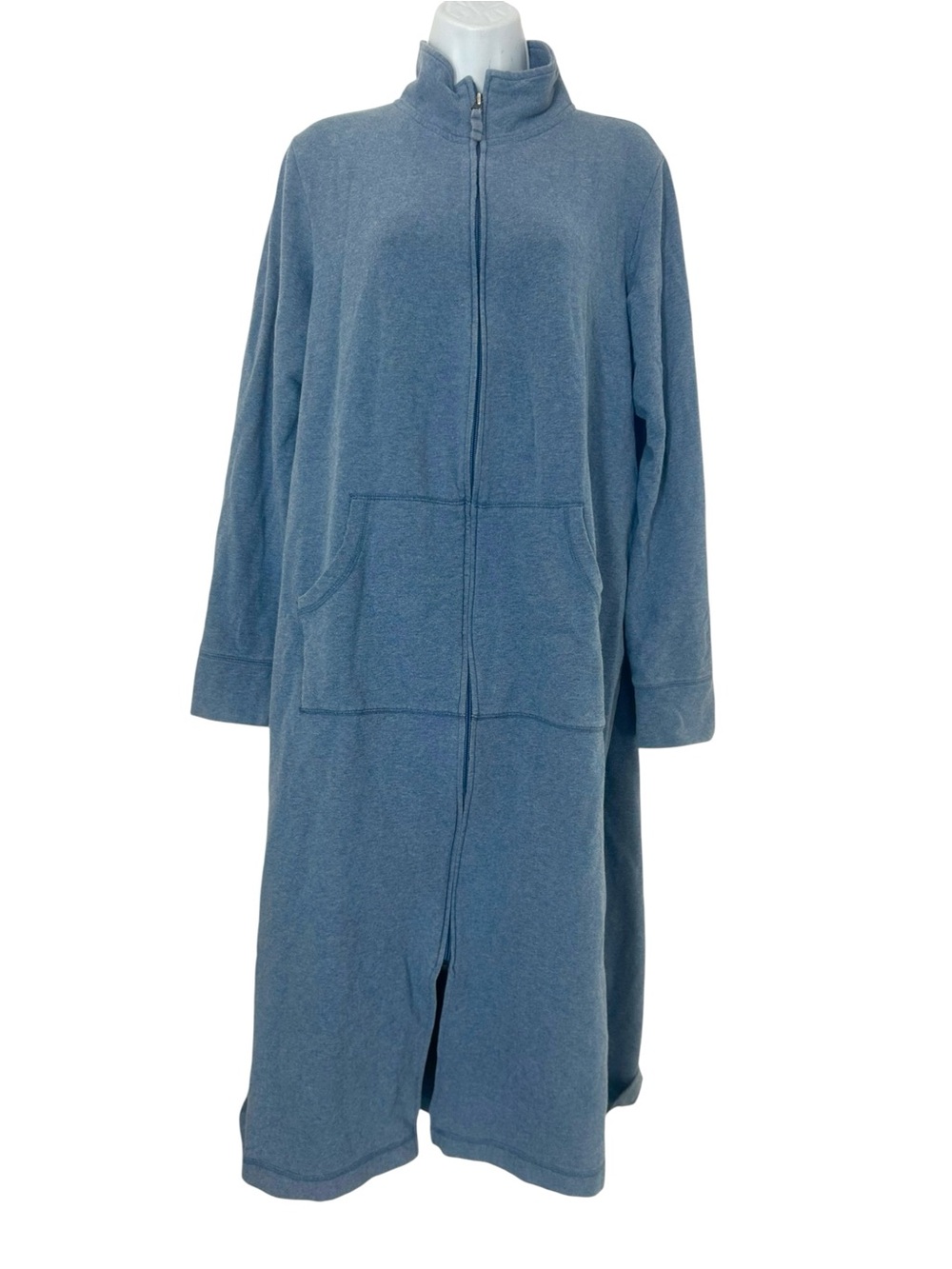 L.L. Bean Long Fleece Robe Housecoat Women L Blue Zip Front Maxi Loungewear